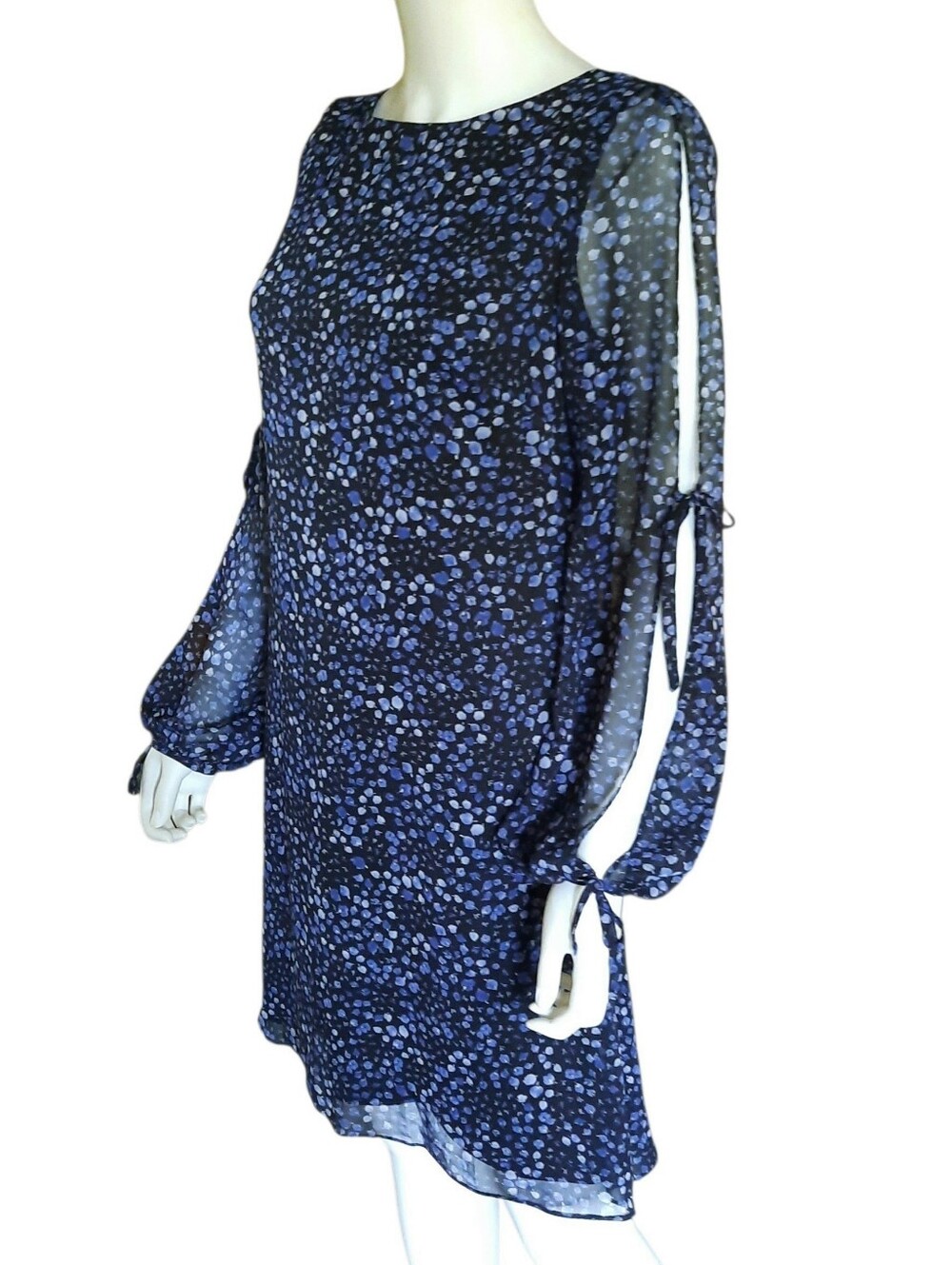 CHAPS RALPH LAUREN Navy Floral Georgette Long Slit Sleeves Shift Dress Sz 6 - Picture 2 of 7
